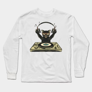 Black Cat DJ Crazy Vintage Funny Cat Long Sleeve T-Shirt